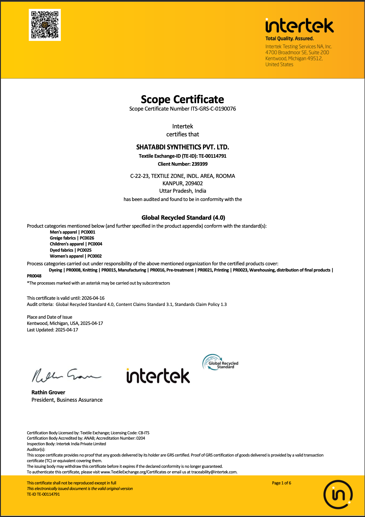 SSPL India GRS Certified Garment Manufacturers